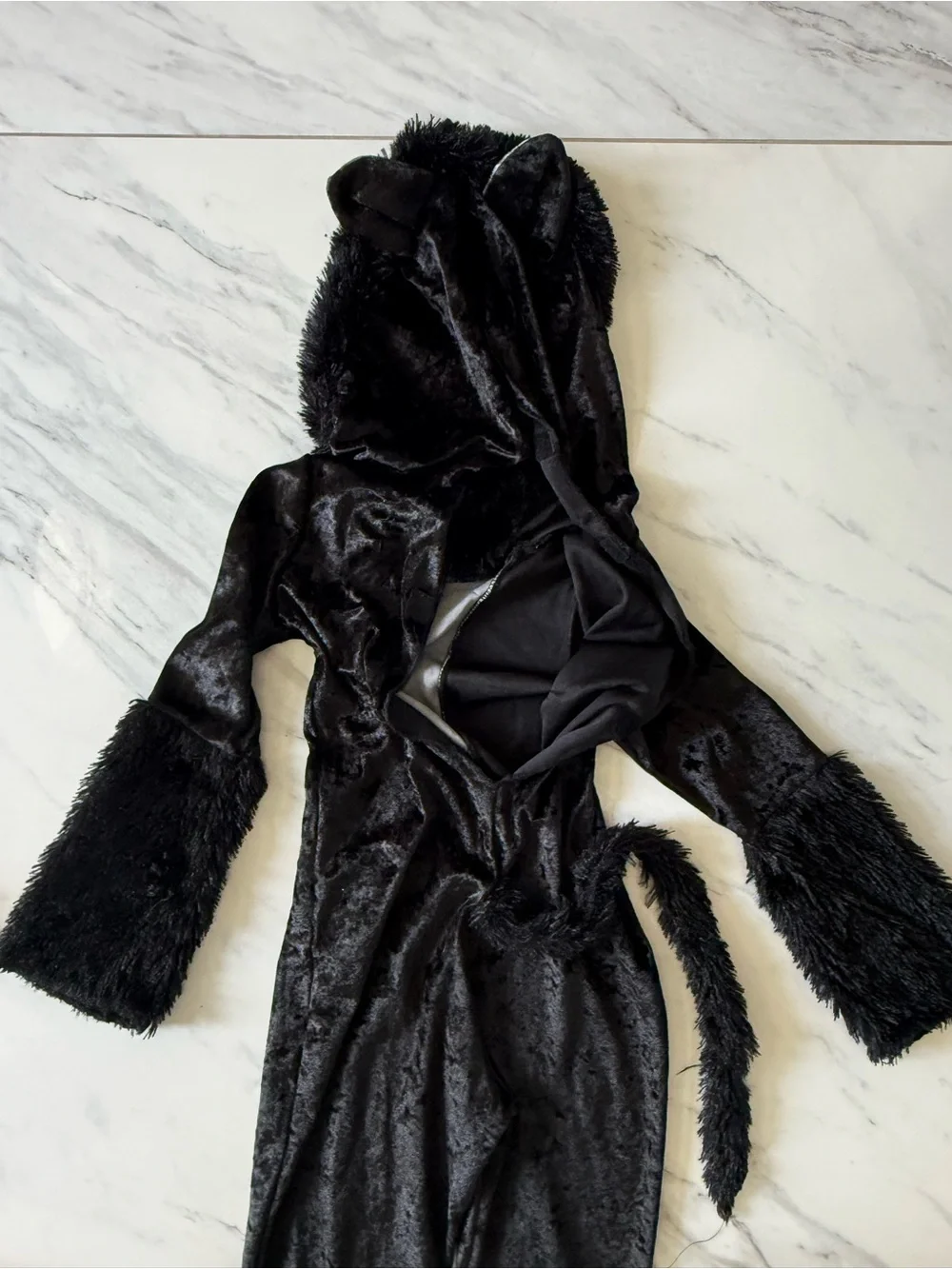 Spirit Kids Black Cat Costume Small Furry Velour Jumpsuit Tail Halloween size S